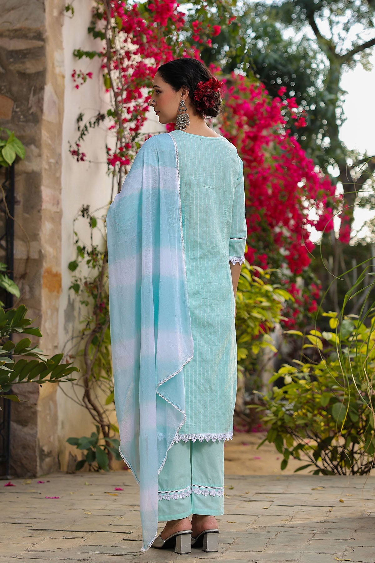 Sky Blue Cotton Handwork Straight Suit