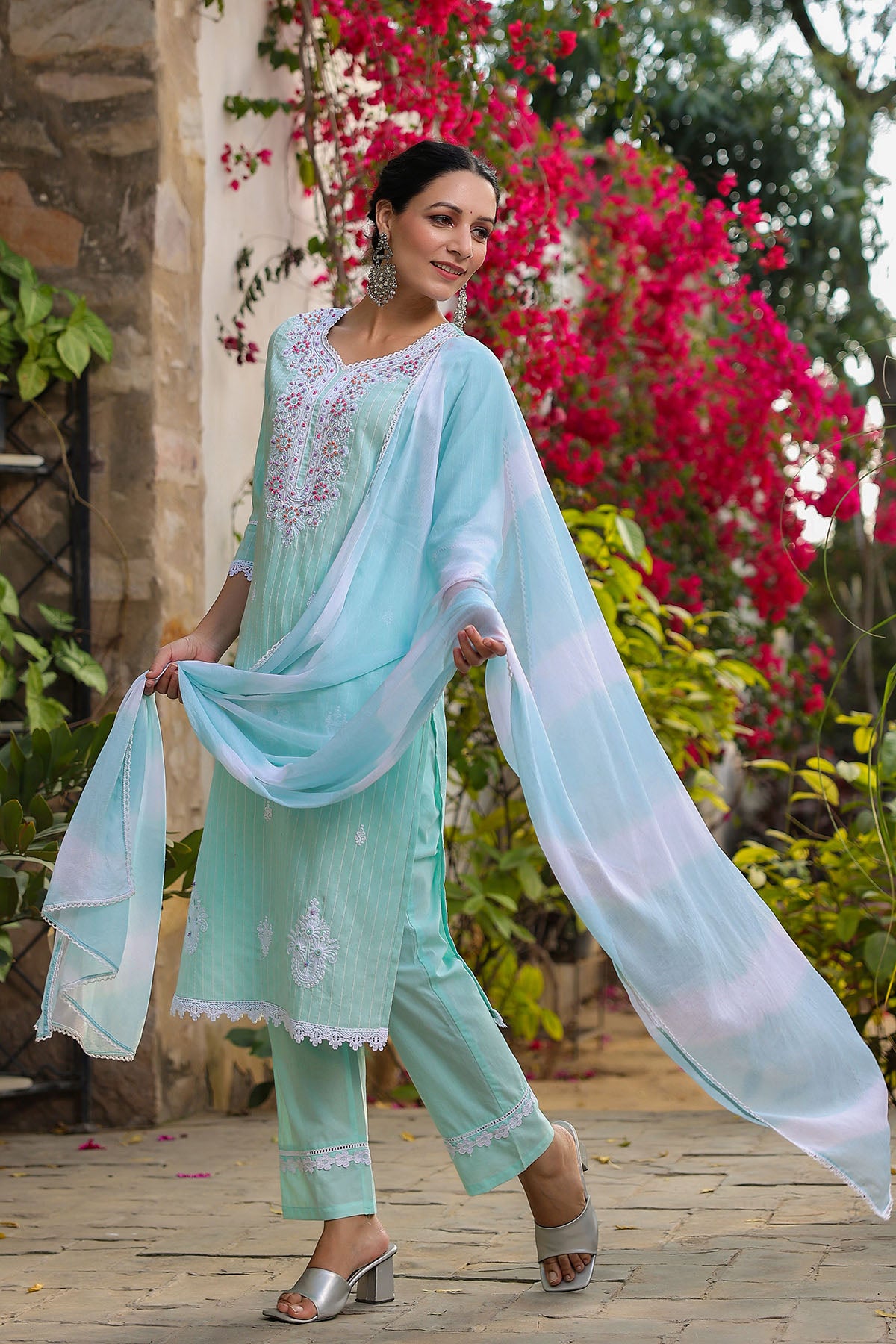 Sky Blue Cotton Handwork Straight Suit