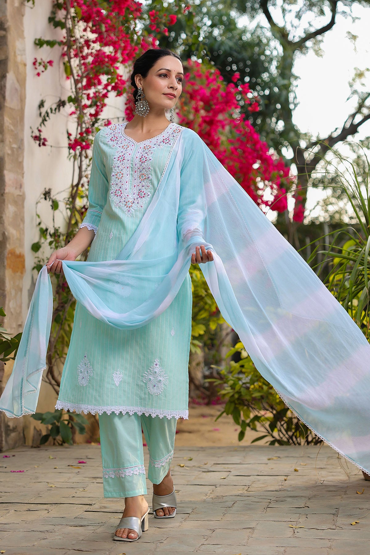 Sky Blue Cotton Handwork Straight Suit