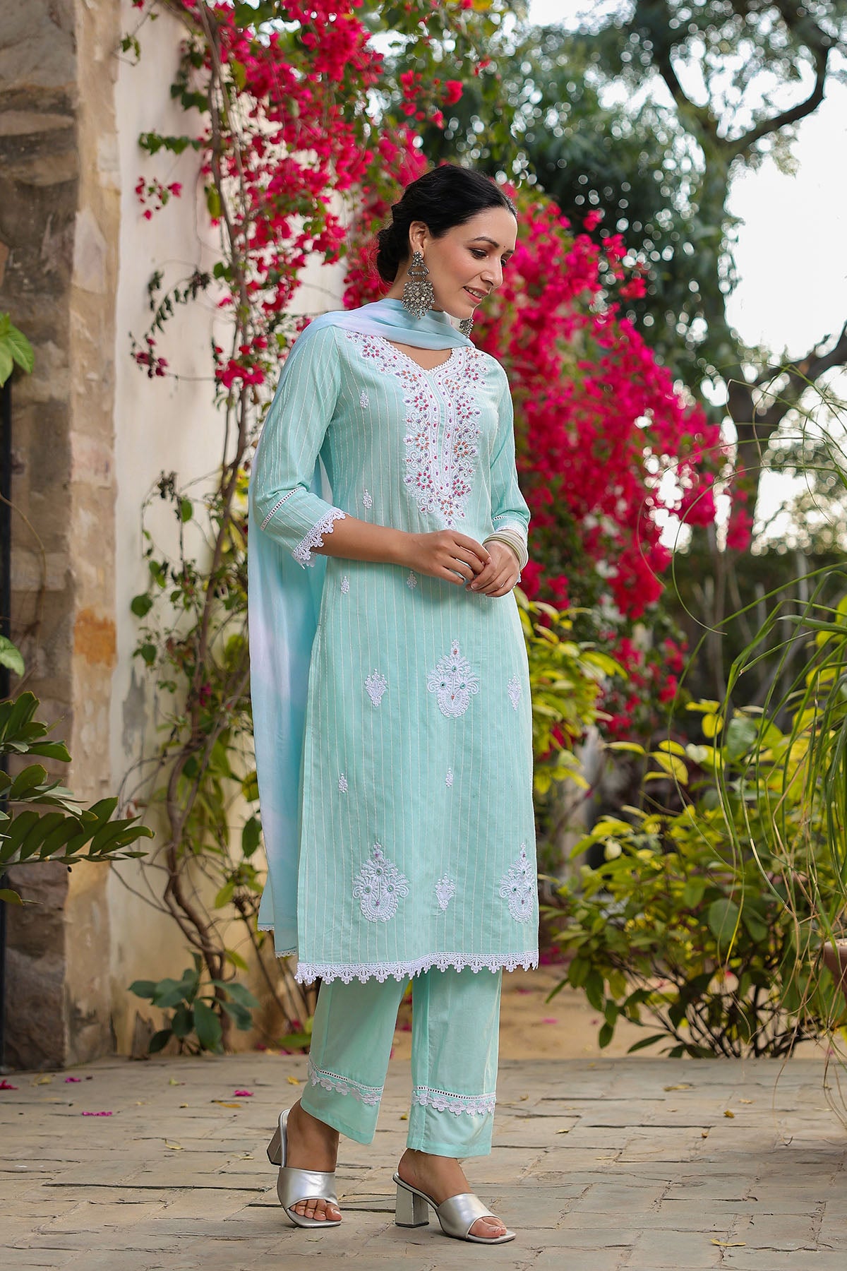 Sky Blue Cotton Handwork Straight Suit