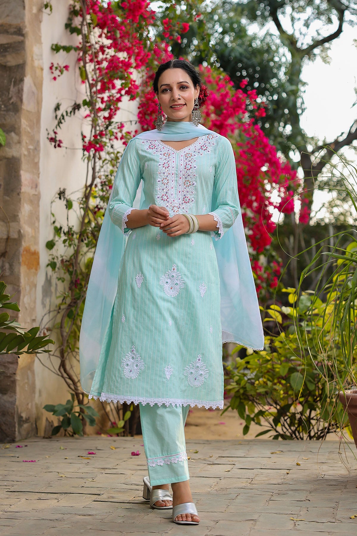 Sky Blue Cotton Handwork Straight Suit