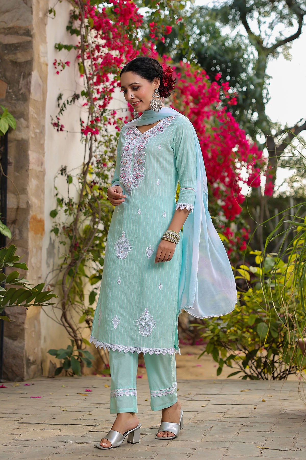Sky Blue Cotton Handwork Straight Suit