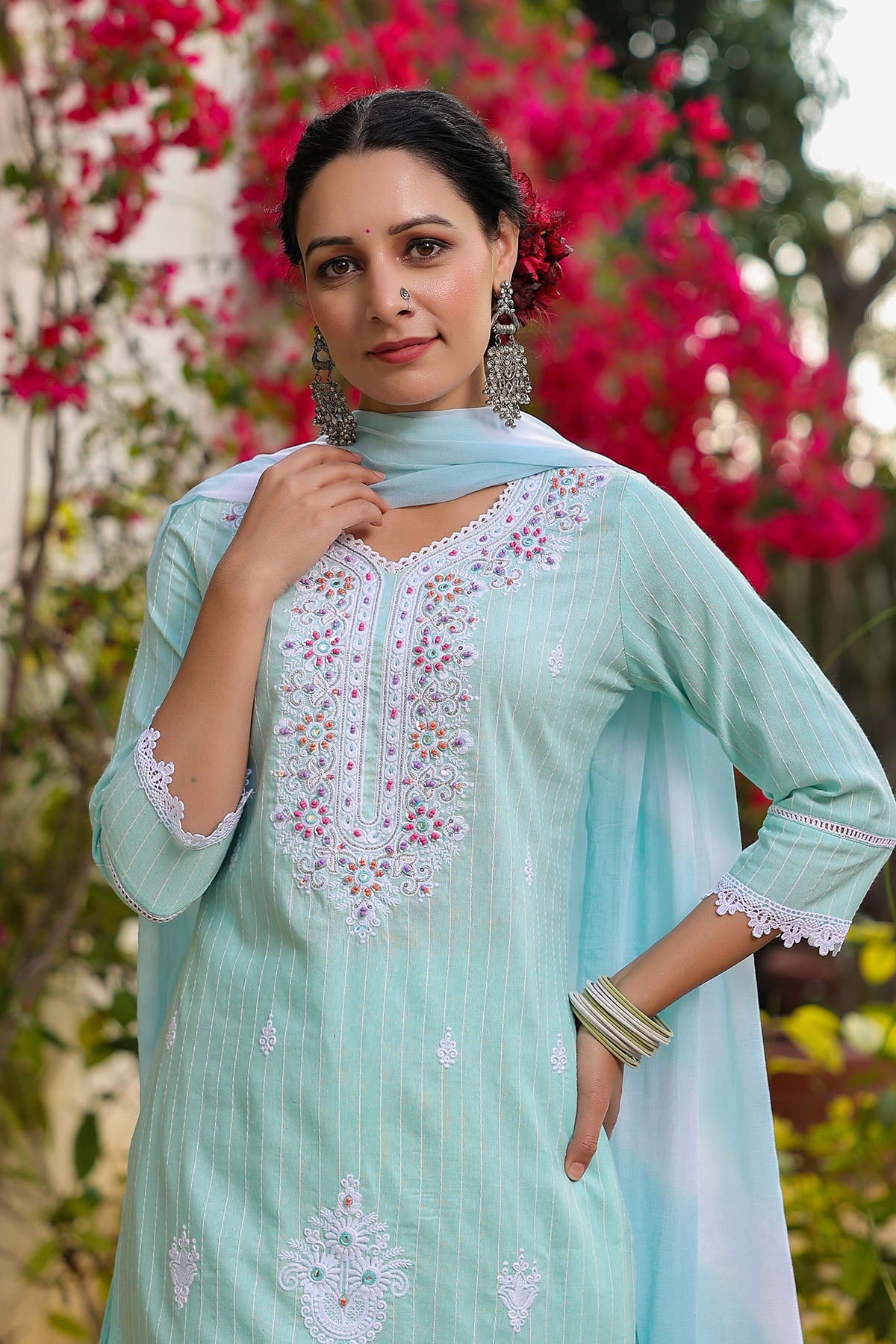 Sky Blue Cotton Handwork Straight Suit