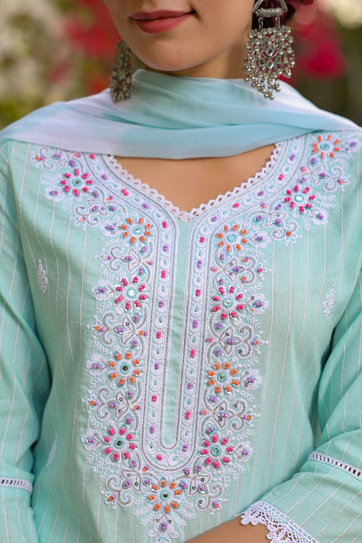 Sky Blue Cotton Handwork Straight Suit