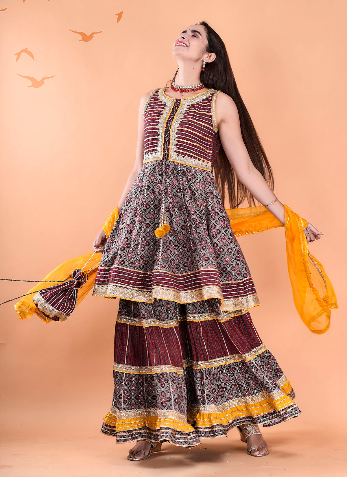 Mutlicolour Muslin Gotapatti Sharara Set With Potli Bag