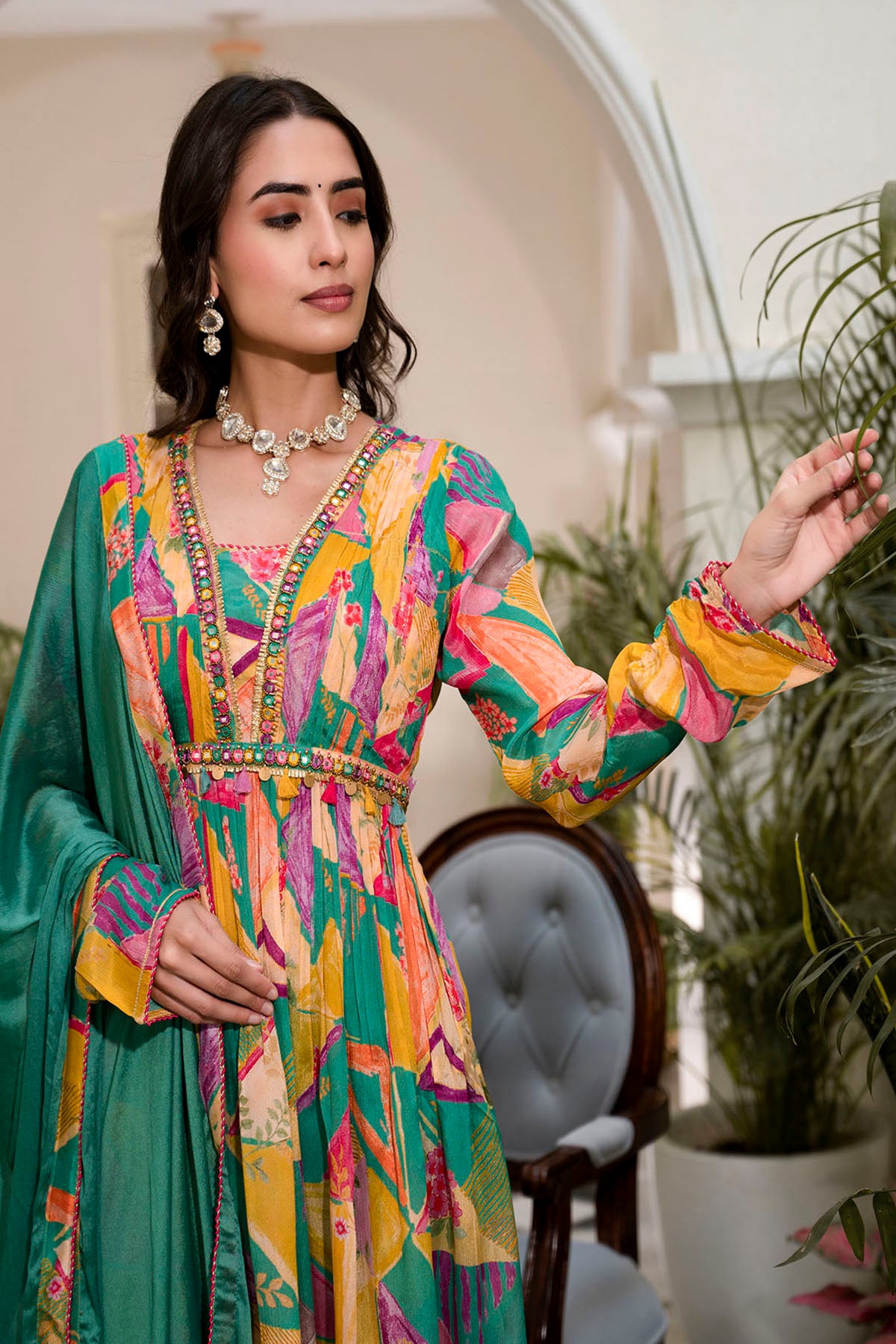 Yellow & Green Chinon Embroidered Anarkali Suit