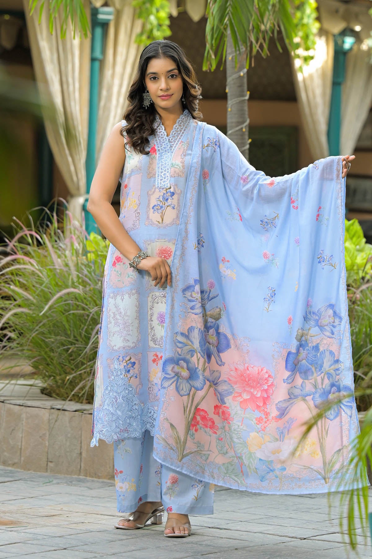 Sea Green Cotton Embroidered Straight Cut Suit Set | Bairaas