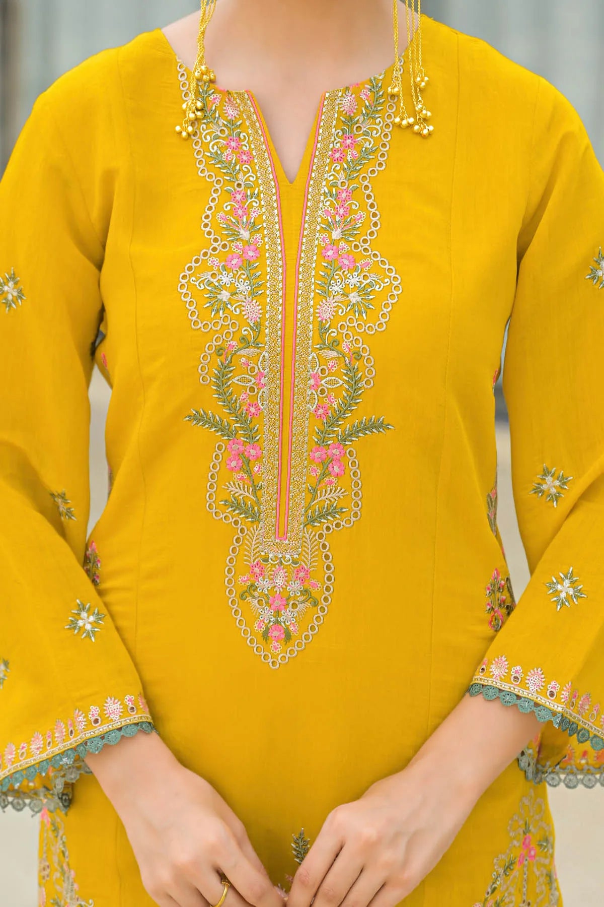 Yellow Mul Chanderi Embroidered Straight Cut Suit Set