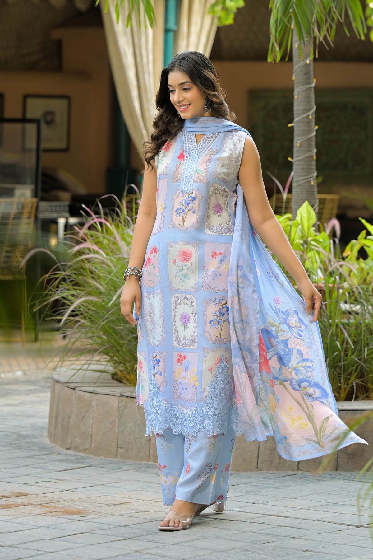 Sea Green Cotton Embroidered Straight Cut Suit Set | Bairaas