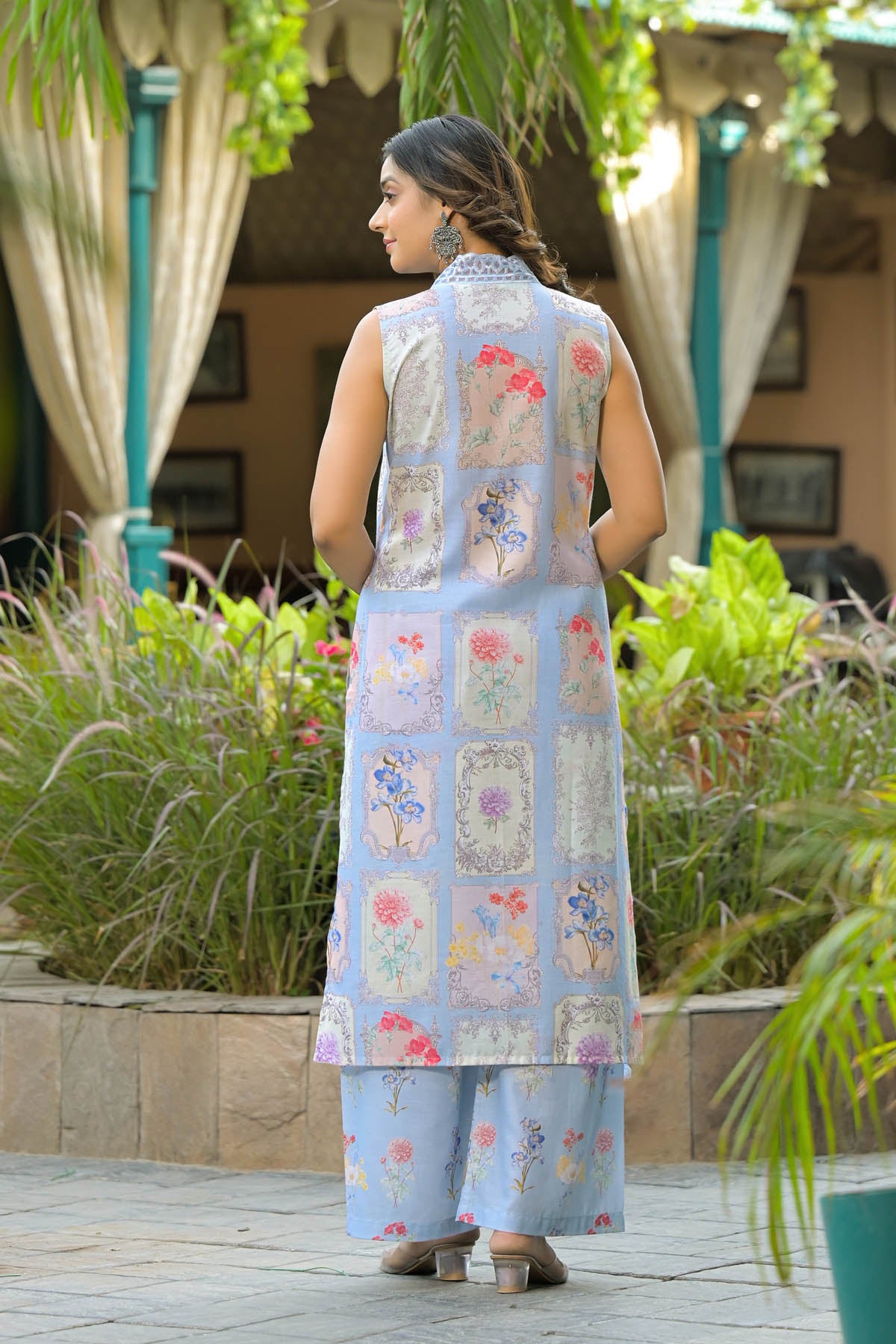 Sea Green Cotton Embroidered Straight Cut Suit Set | Bairaas