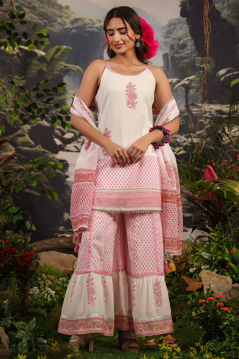 Gul White Pink Makhamali Handblock Floral Sharara Set