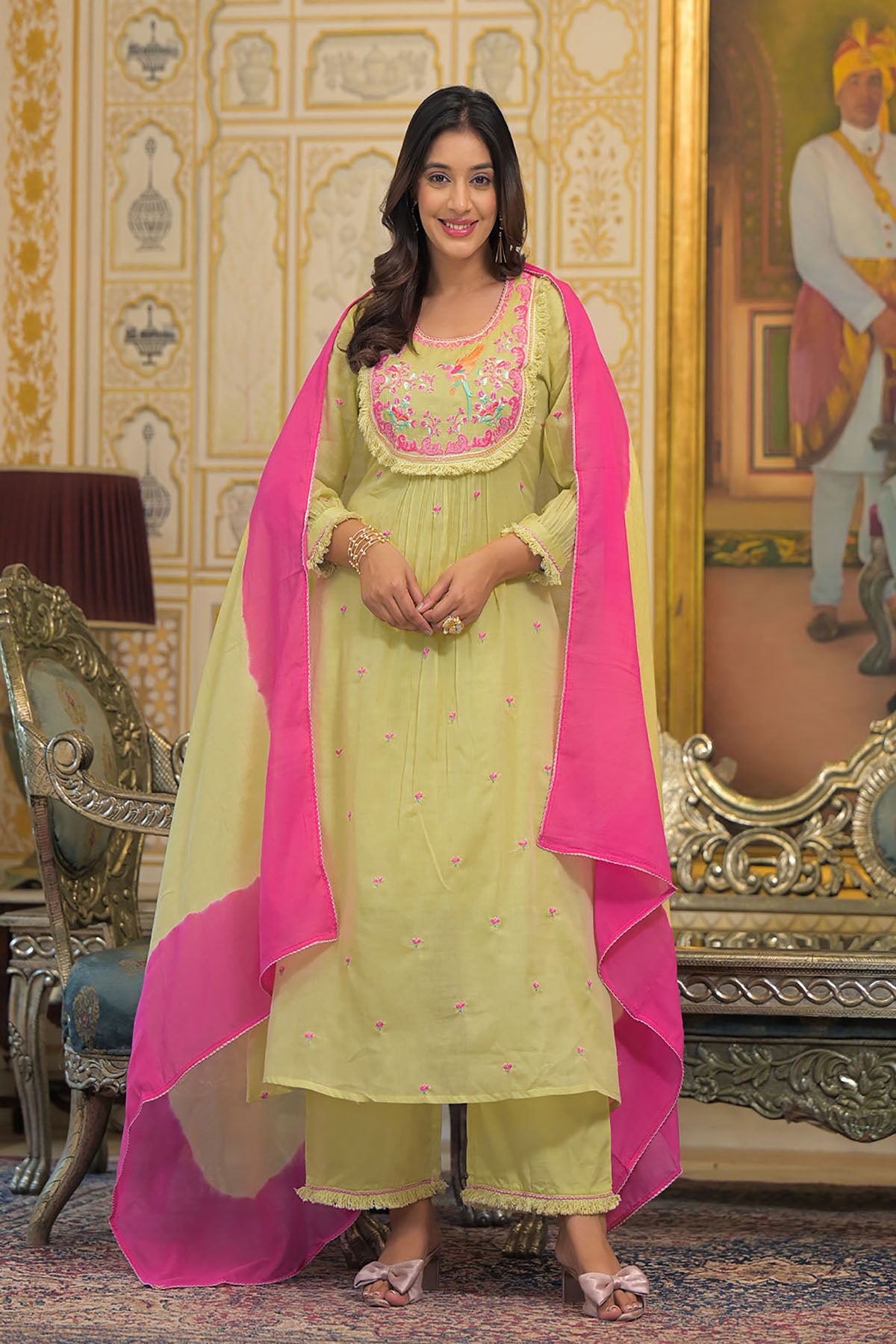 Mustard Yellow Cotton Embroidered Anarkali Suit