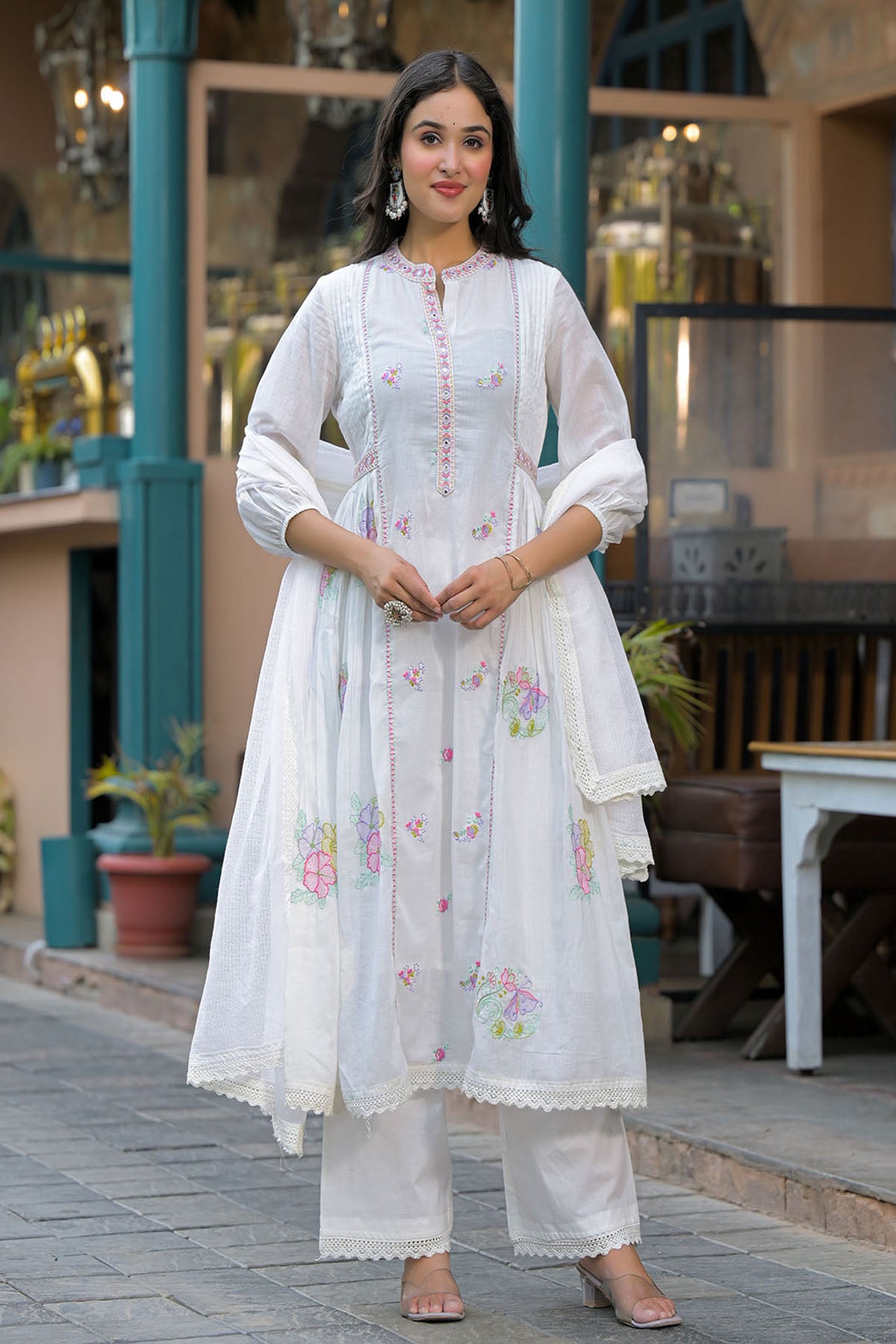 White Cotton Embroidered Anarkali Suit