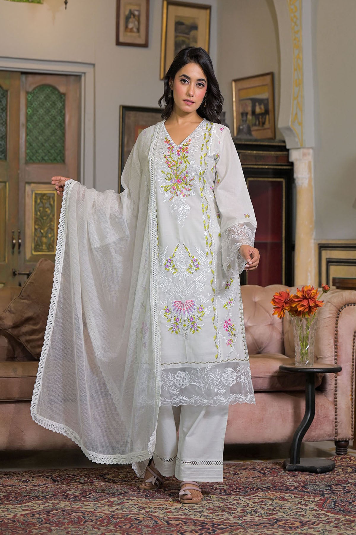 White Cotton Embroidered Straight Pakistani Suit