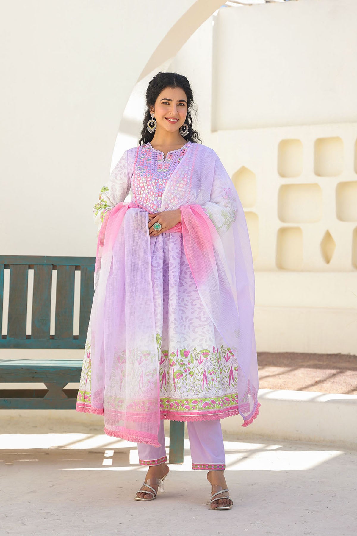 Lavender Cotton Embroidered Anarkali Suit