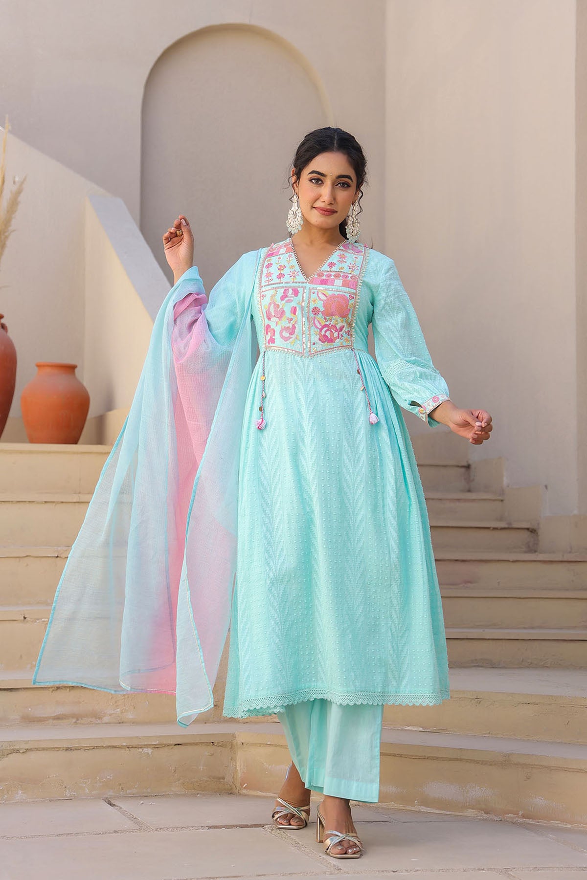 Sky Blue Cotton Embroidered Anarkali Suit
