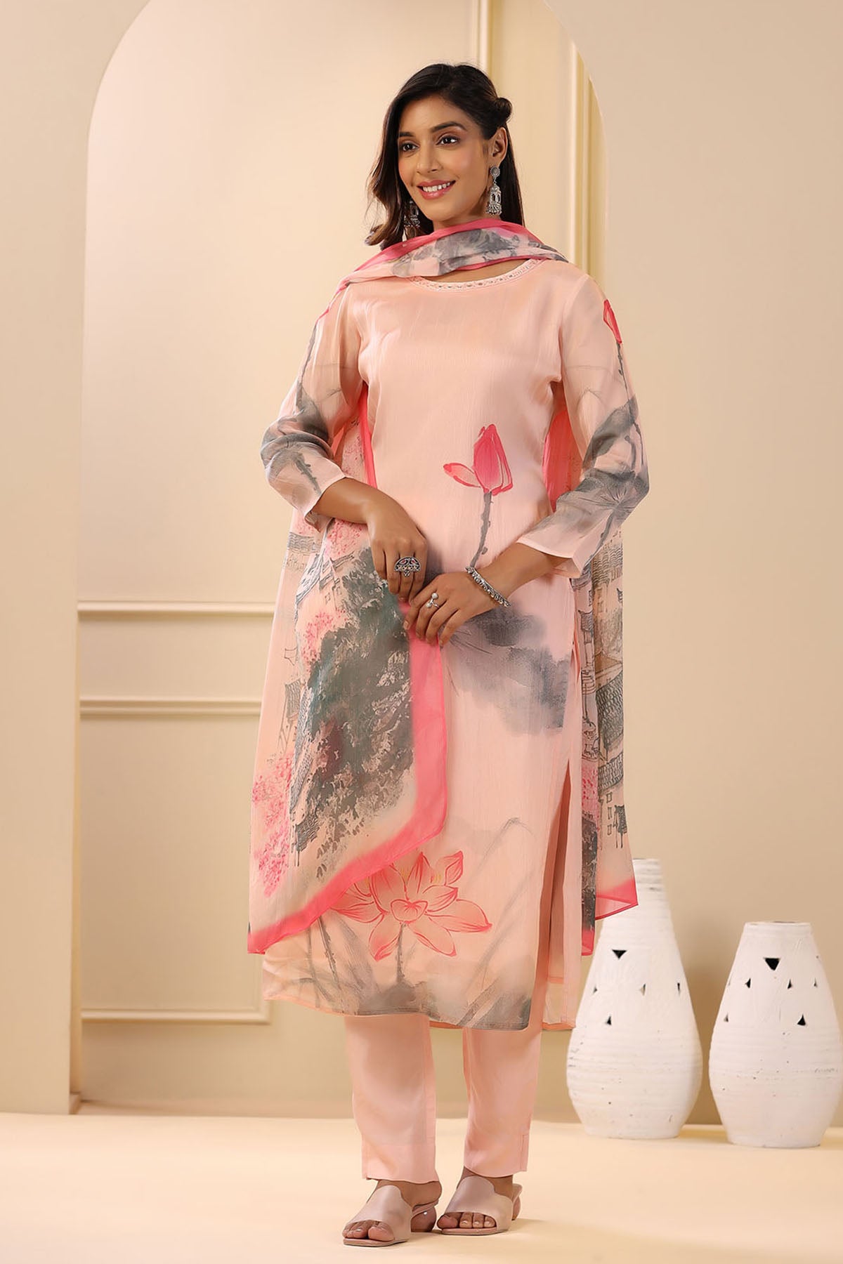 Pink Organza Printed Straight-Cut Suit Set