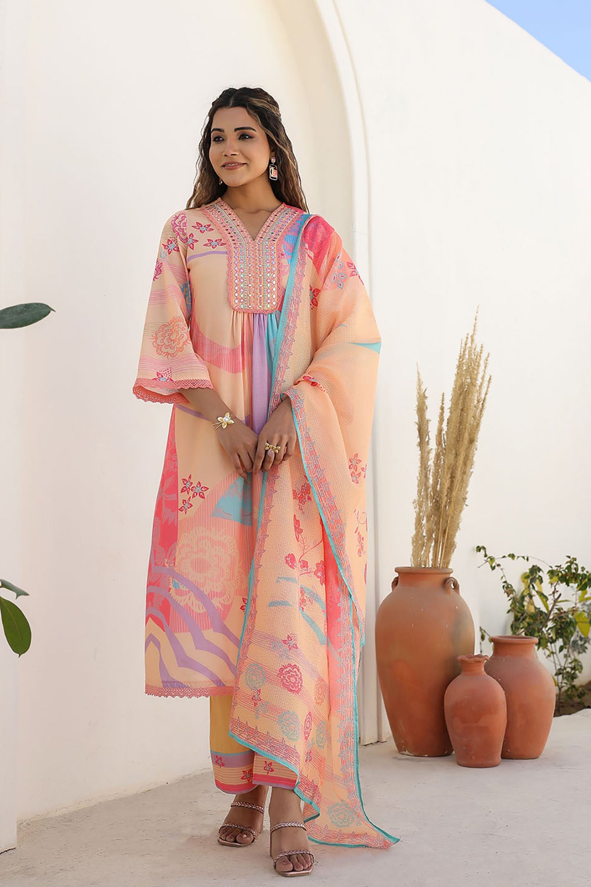 Orange Multicolor Embroidered A-Line Suit