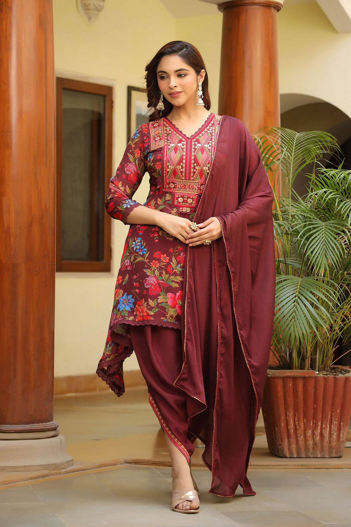 Maroon Chinon Embroidered A-Line Suit