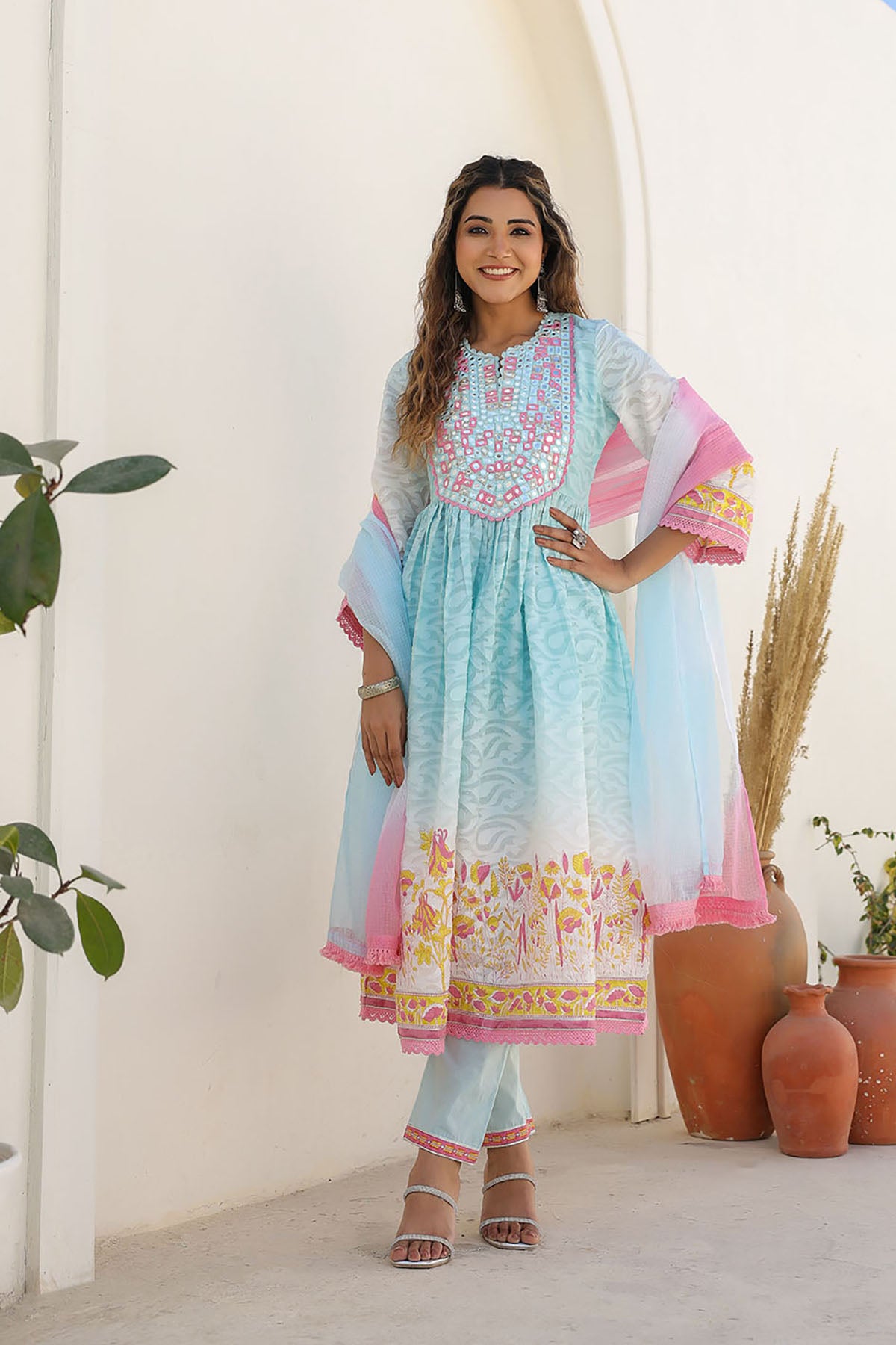 Sky Blue Cotton Embroidered Anarkali Suit
