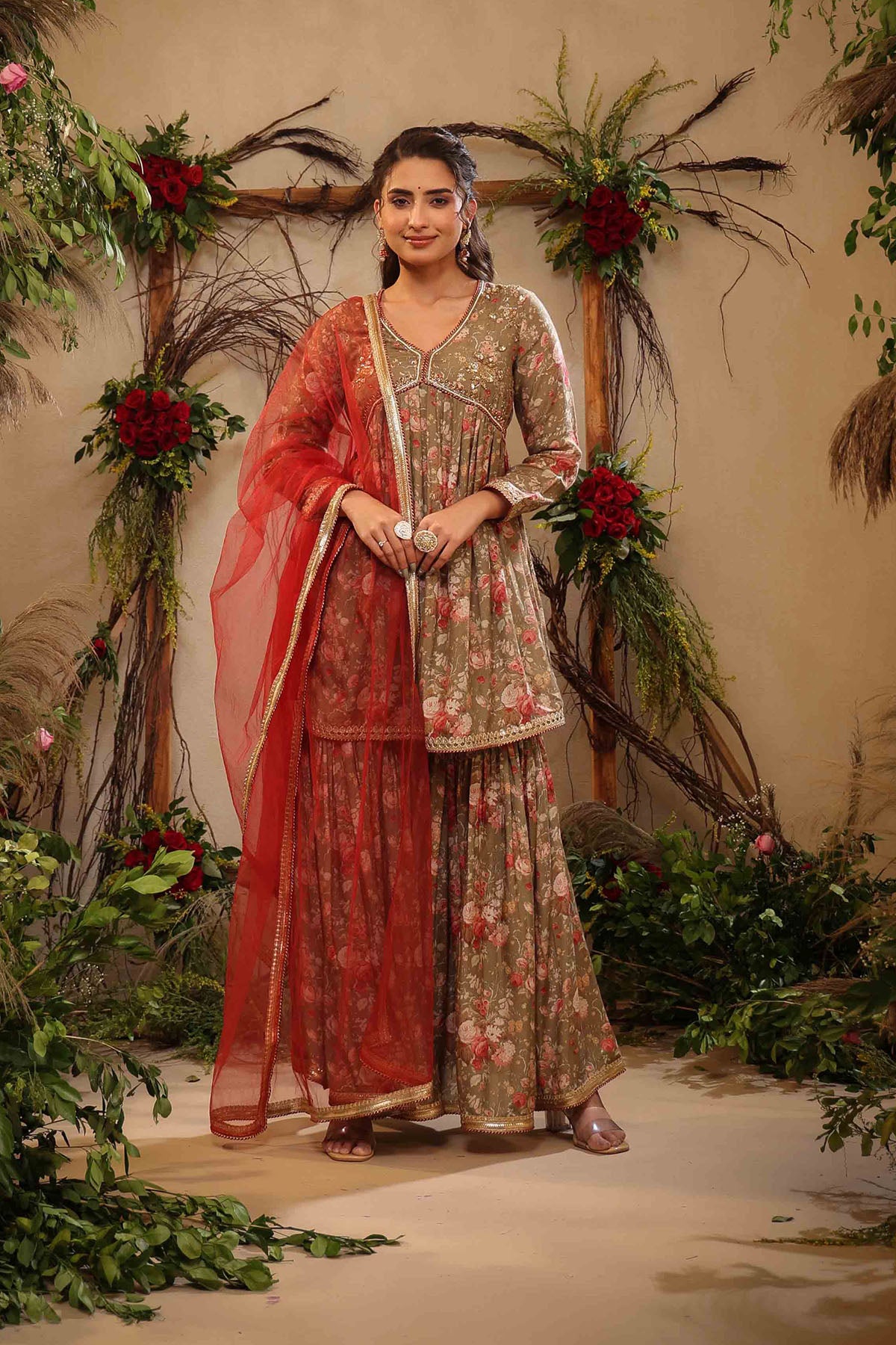 Green Muslin Handwork Sharara Set