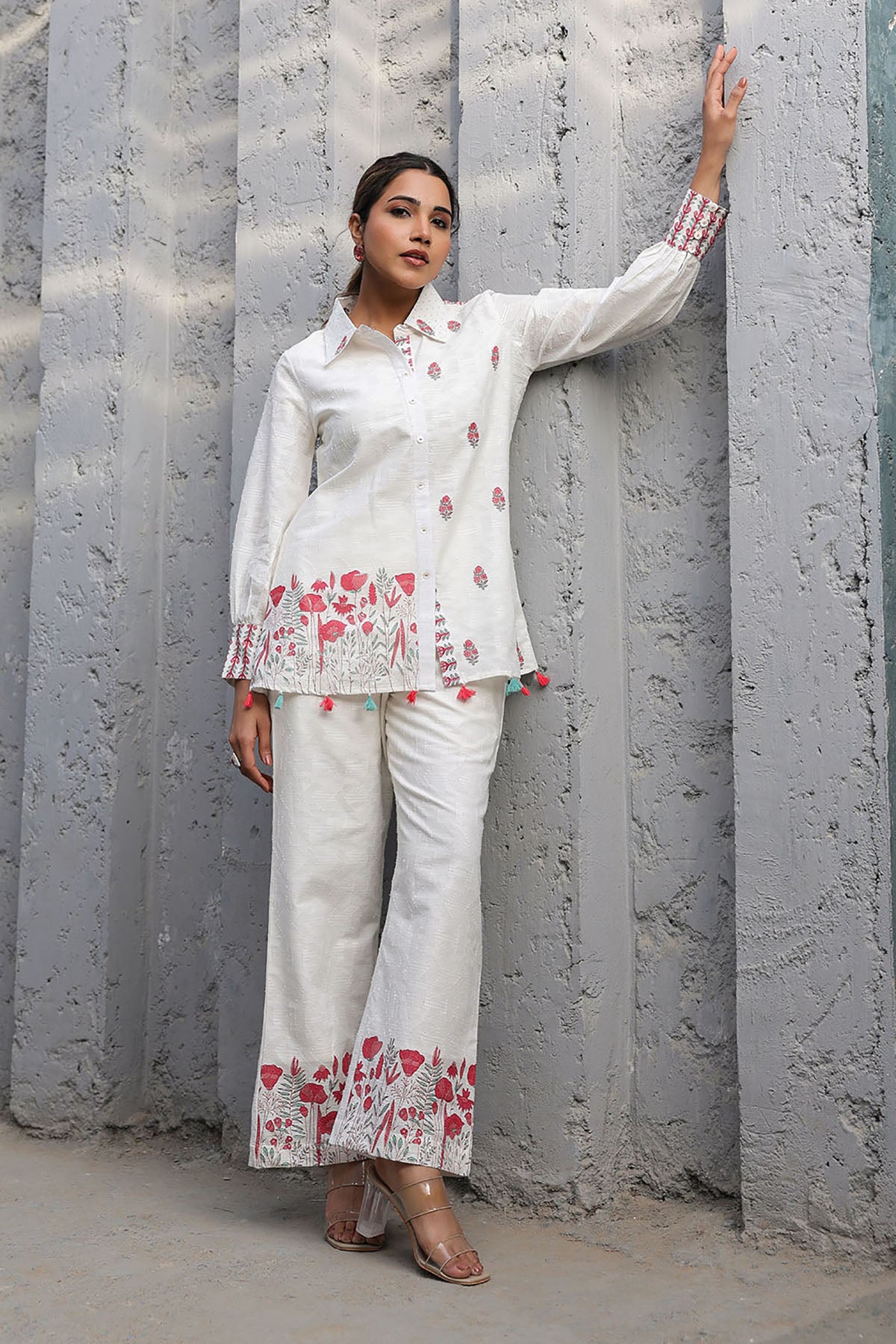 White Cotton Jacquard Printed Co-Ord Set