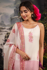 Gul White Pink Makhamali Handblock Floral Sharara Set