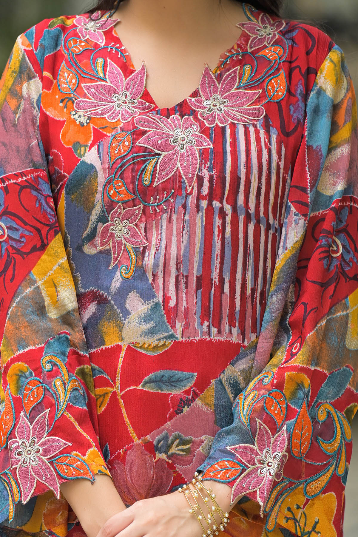 Red Chinon Embroidered Straight Cut Suit Set