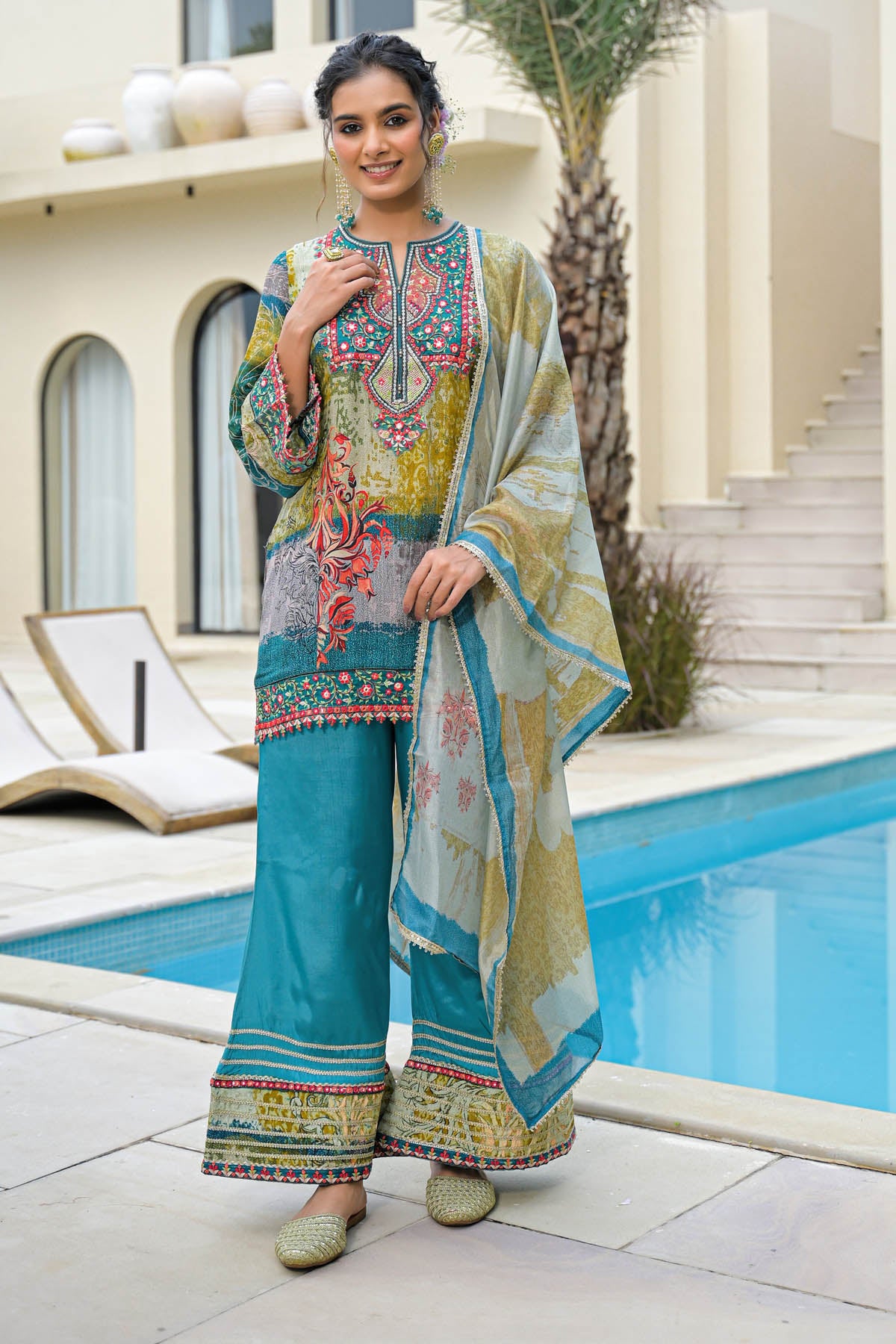 Green Crepe Silk Embroidered Straight Cut Suit Set With Dupatta