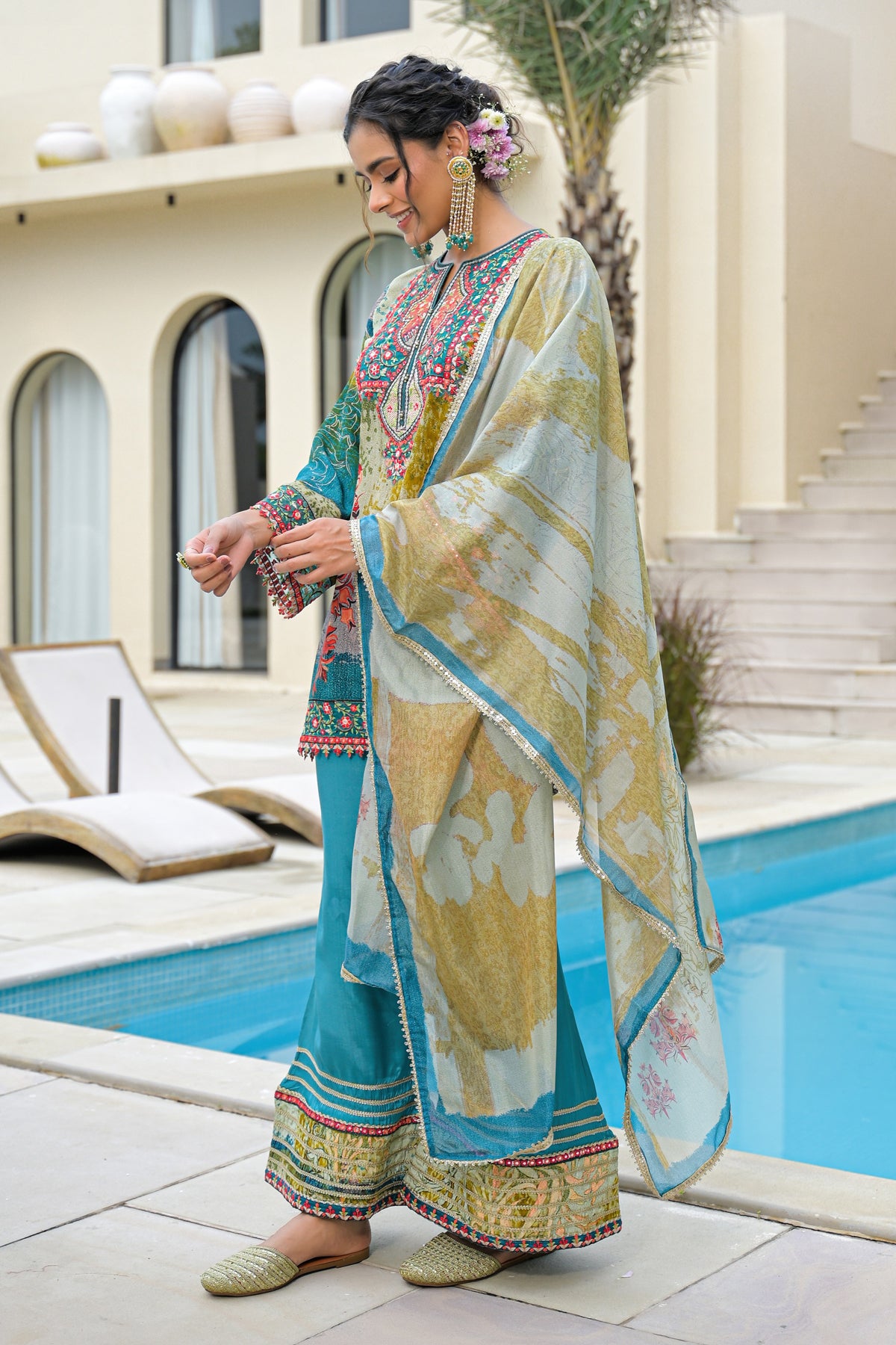Green Crepe Silk Embroidered Straight Cut Suit Set With Dupatta
