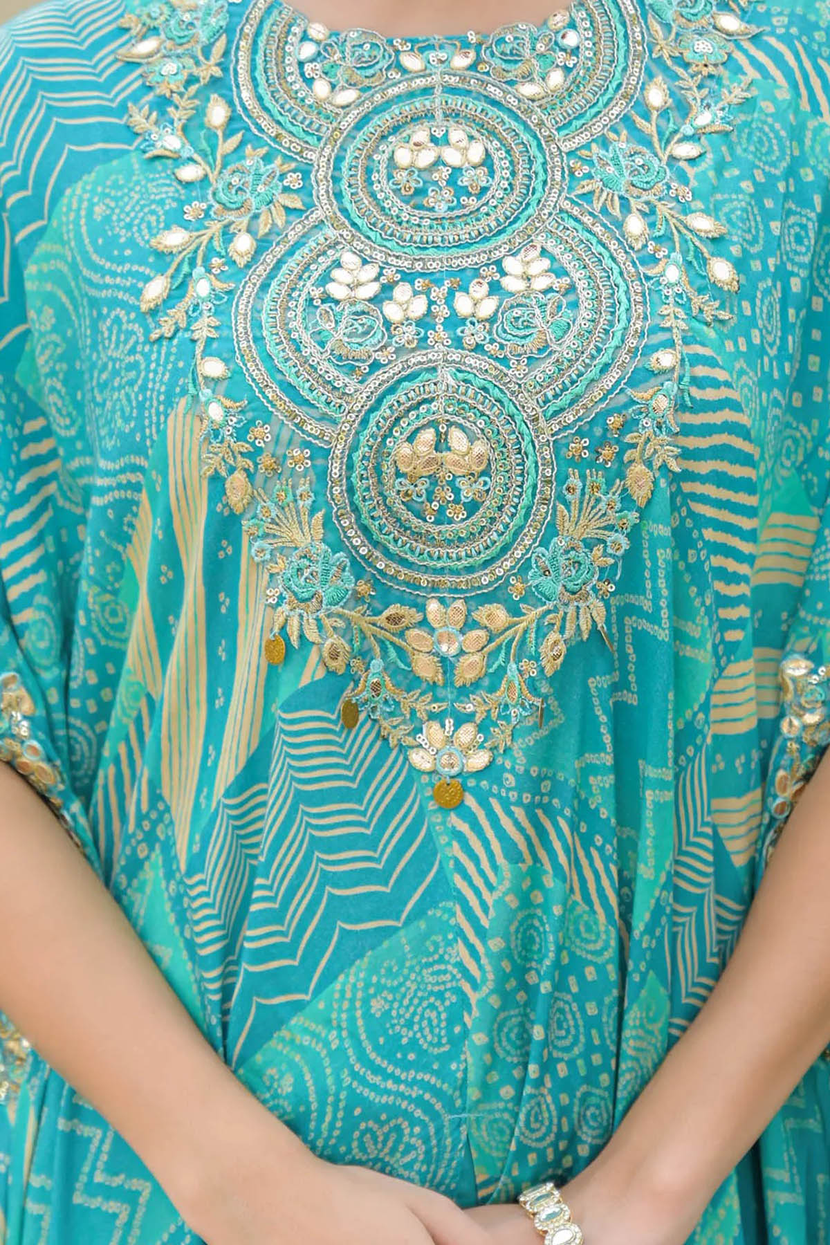 Sky Muslin Embroidered Western Dress