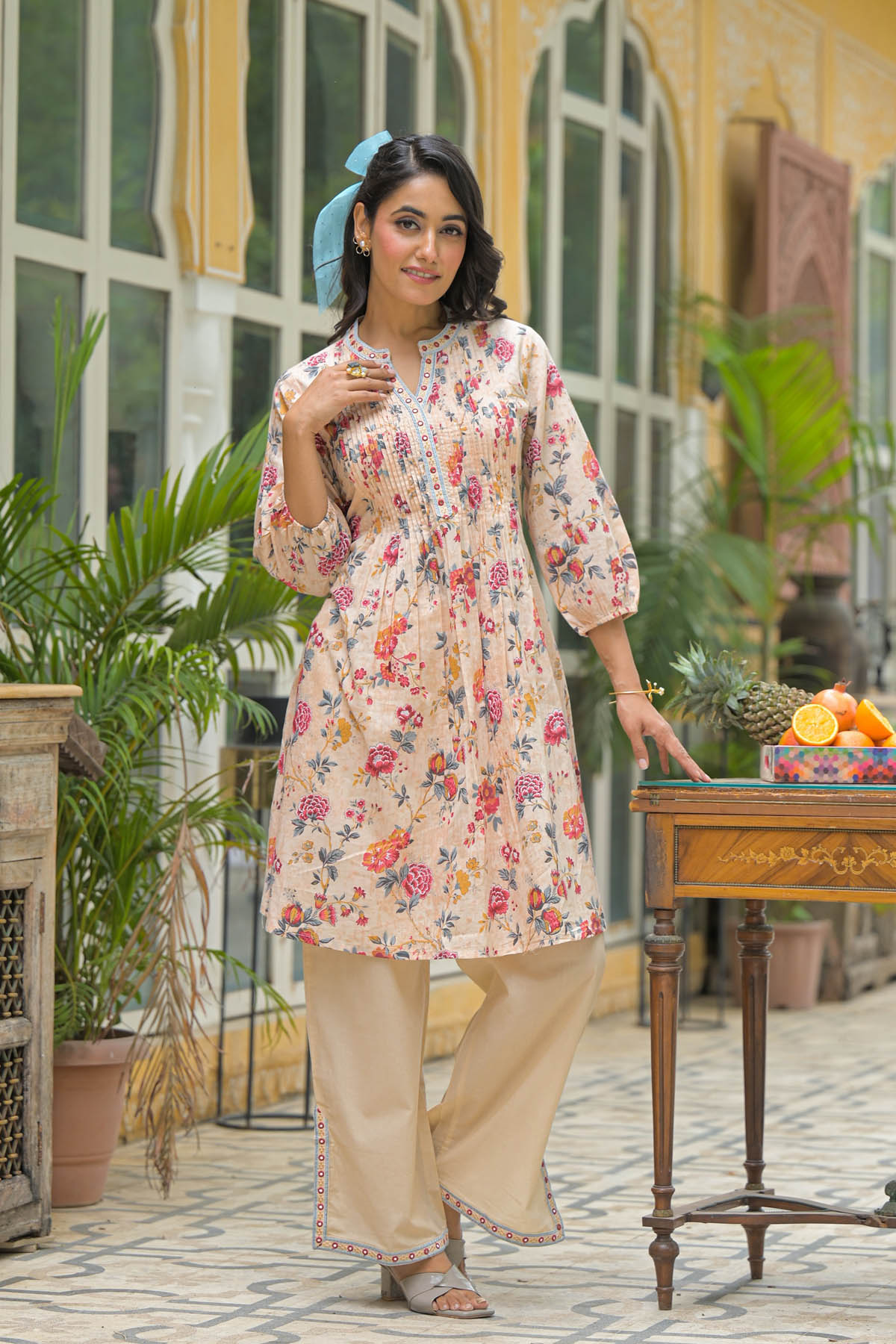 Beige Floral Cotton Co-Ord Set | Bairaas