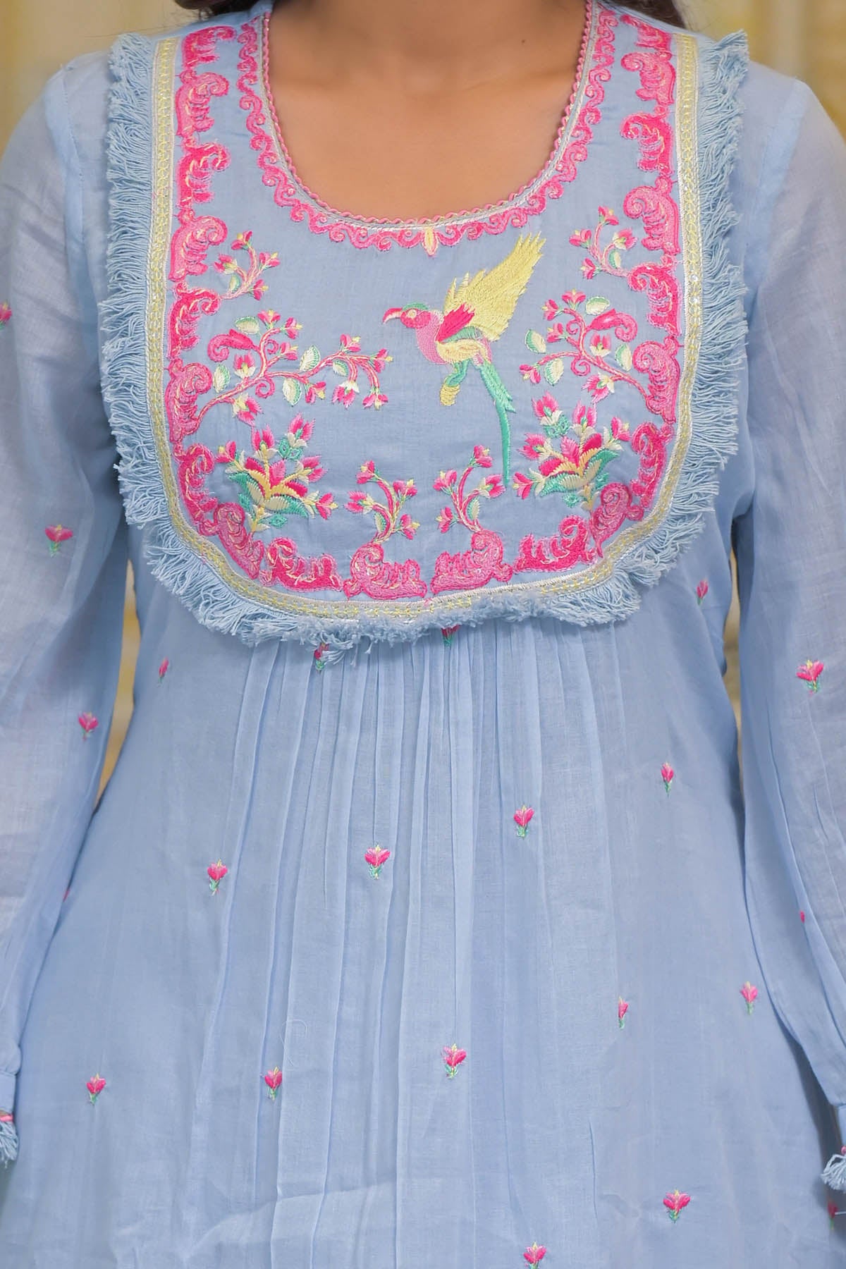 Blue Cotton Embroidered Anarkali Suit Set