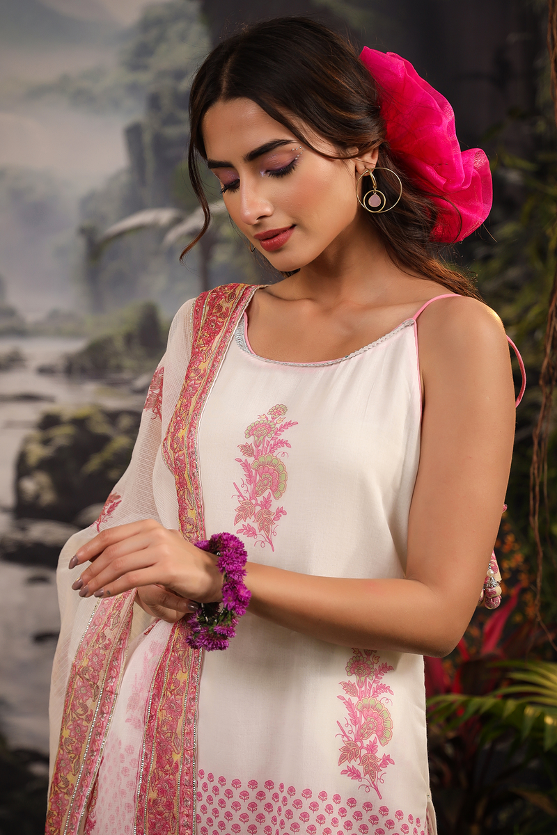 Gul White Pink Makhamali Handblock Floral Sharara Set