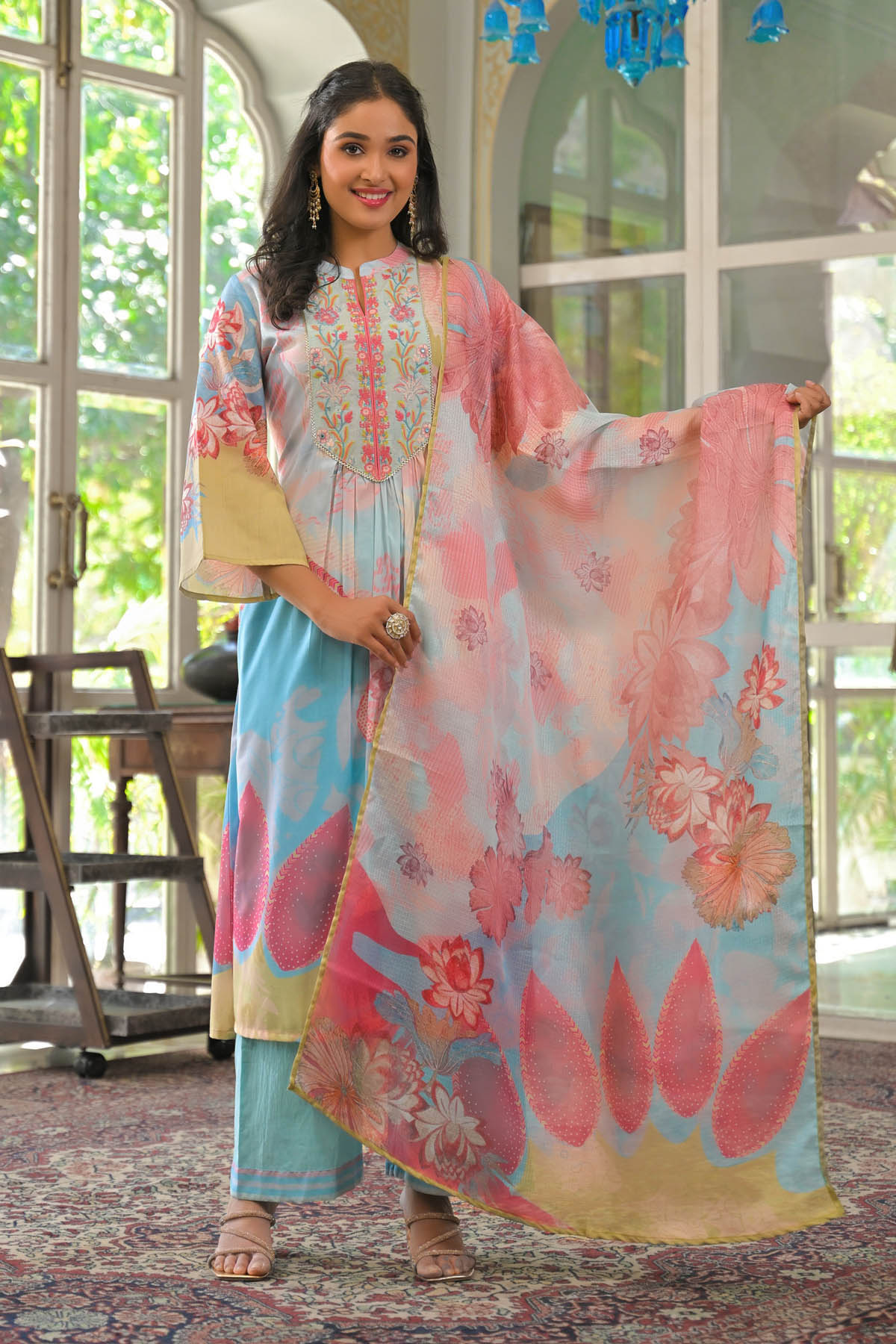 Blue Multicolor Cotton Embroidered A-Line Suit Set | Bairaas