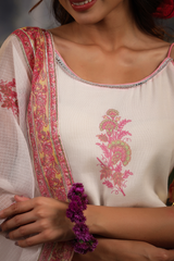 Gul White Pink Makhamali Handblock Floral Sharara Set