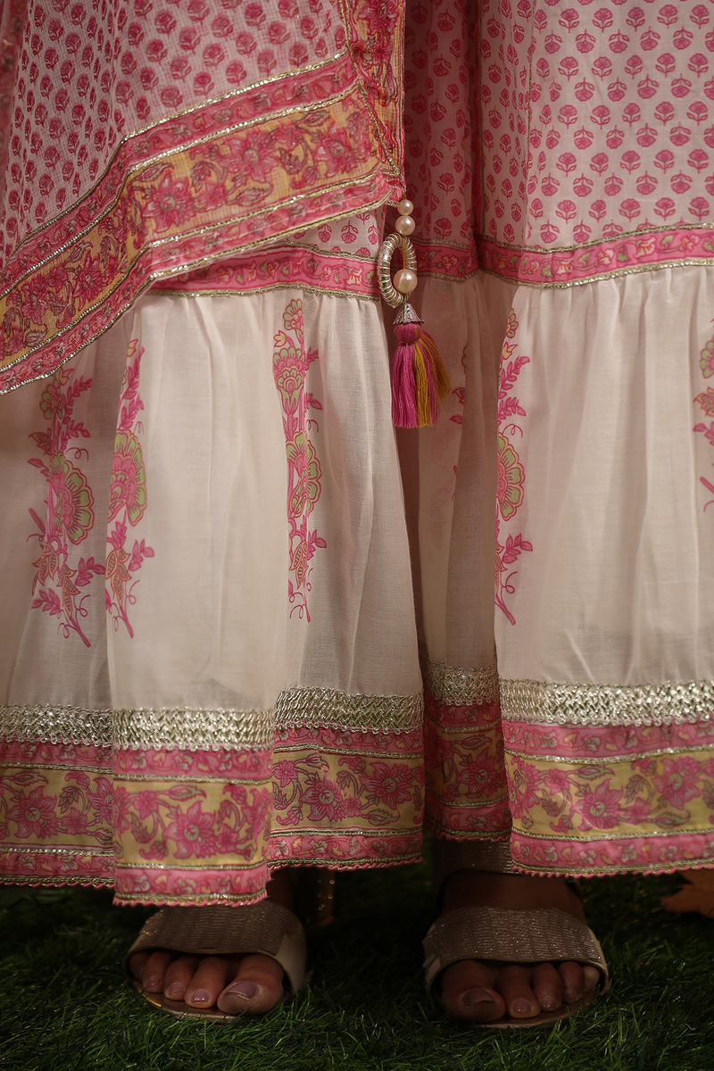 Gul White Pink Makhamali Handblock Floral Sharara Set