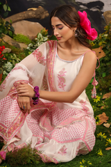 Gul White Pink Makhamali Handblock Floral Sharara Set