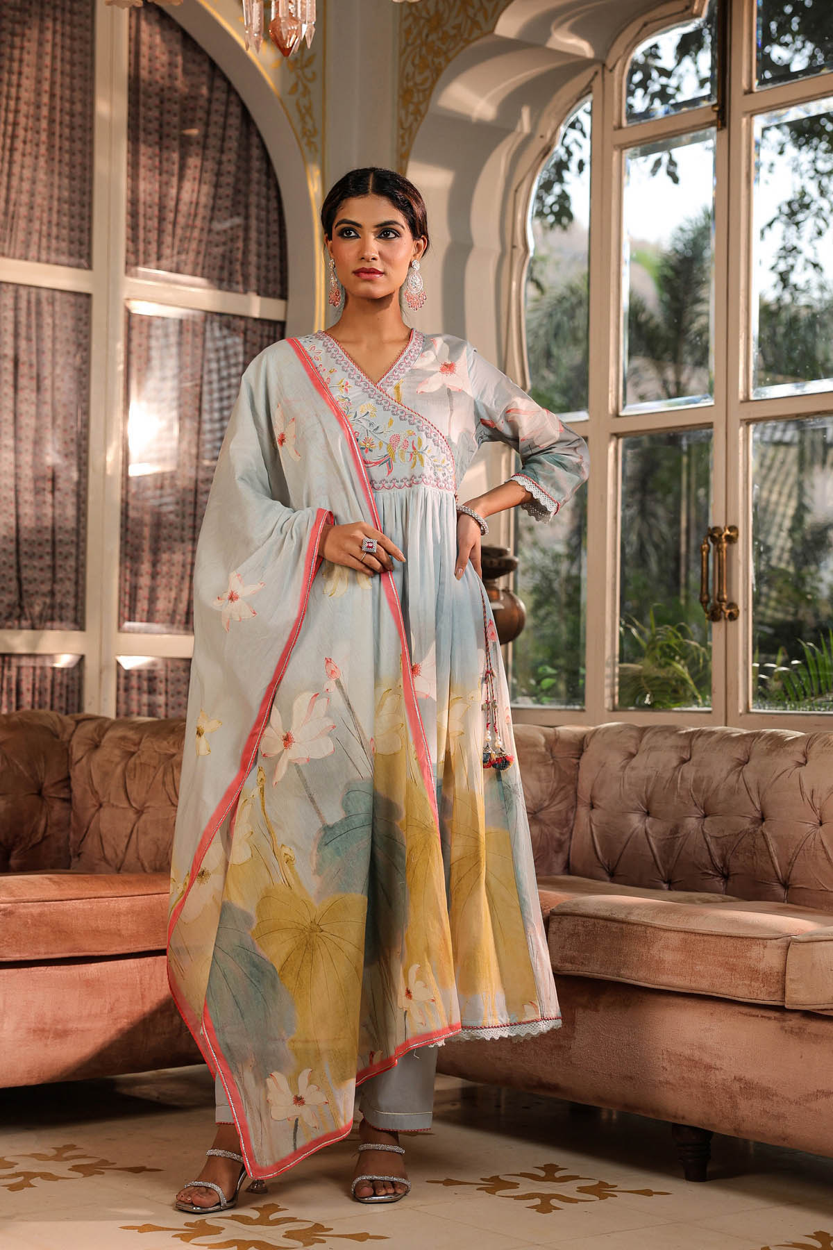 Blue Floral Cotton Embroidered Anarkali Suit