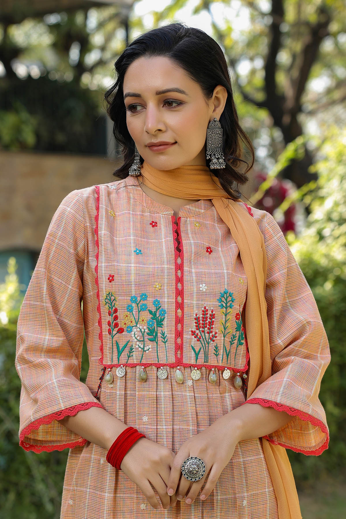 Peach Cotton Embroidered Straight-Cut Suit Set