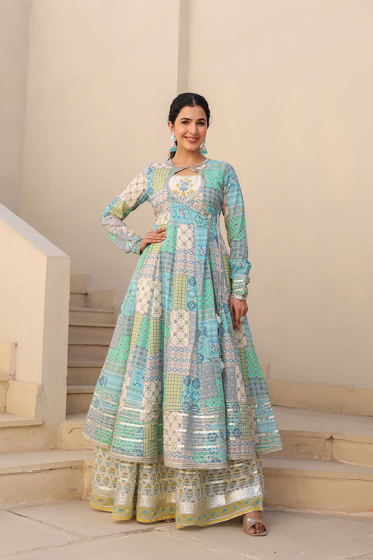 Blue Multicolor Cotton Gotapatti Gown Set
