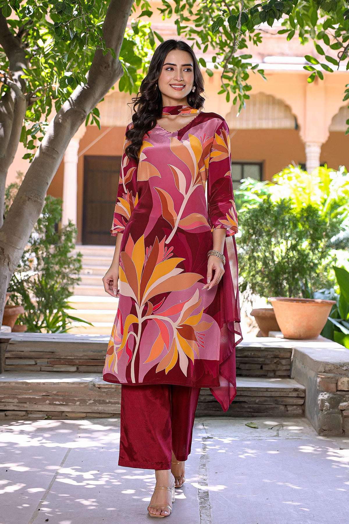 Red Multicolor Viscose Crepe Printed Suit Set