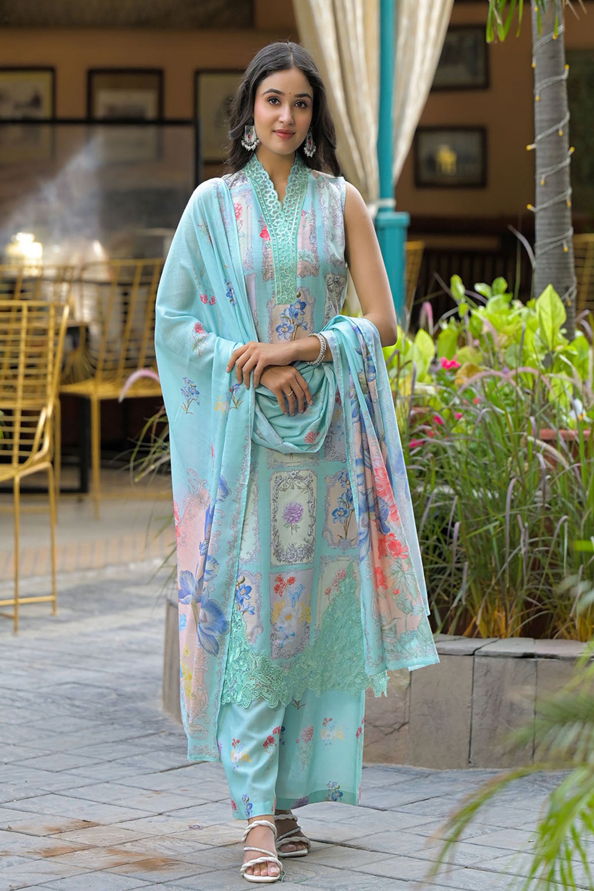 Sea Green Cotton Embroidered Straight-Cut Suit