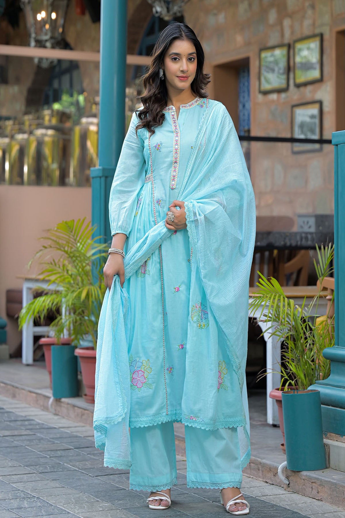 Sky Blue Cotton Embroidered Anarkali Suit