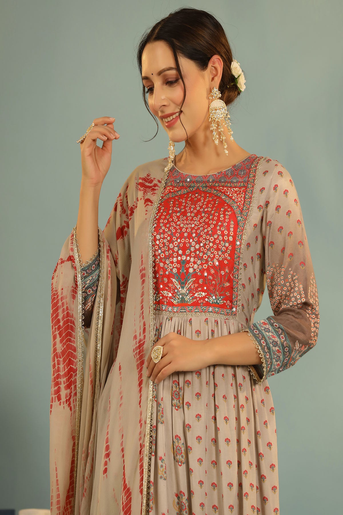 Grey Multicolor Muslin Handwork Suit Set