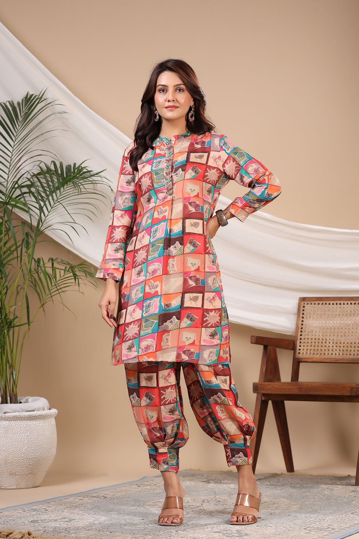 Pink Multicolor Muslin Handwork Co-ord Set