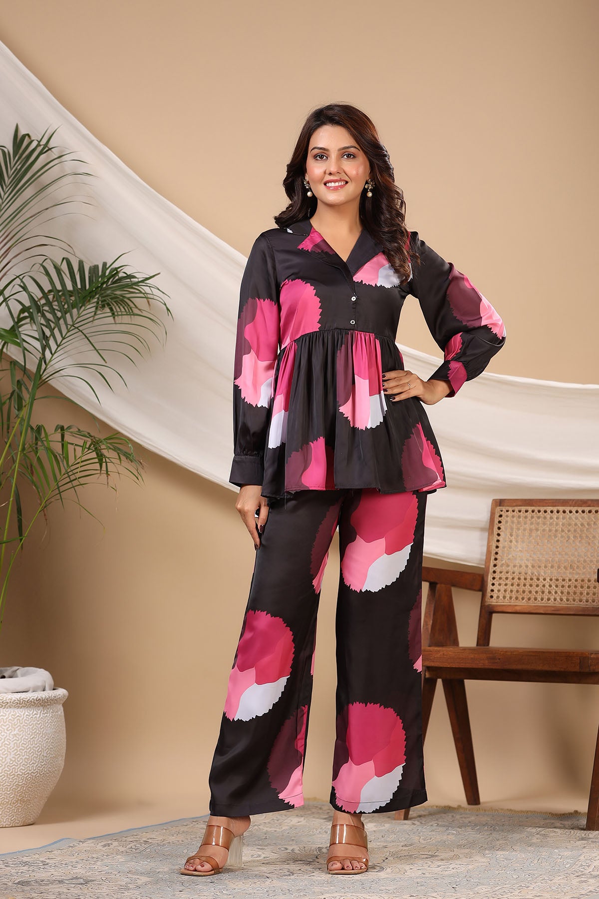 Black Multicolor Floral Satin Printed Co-ord Set