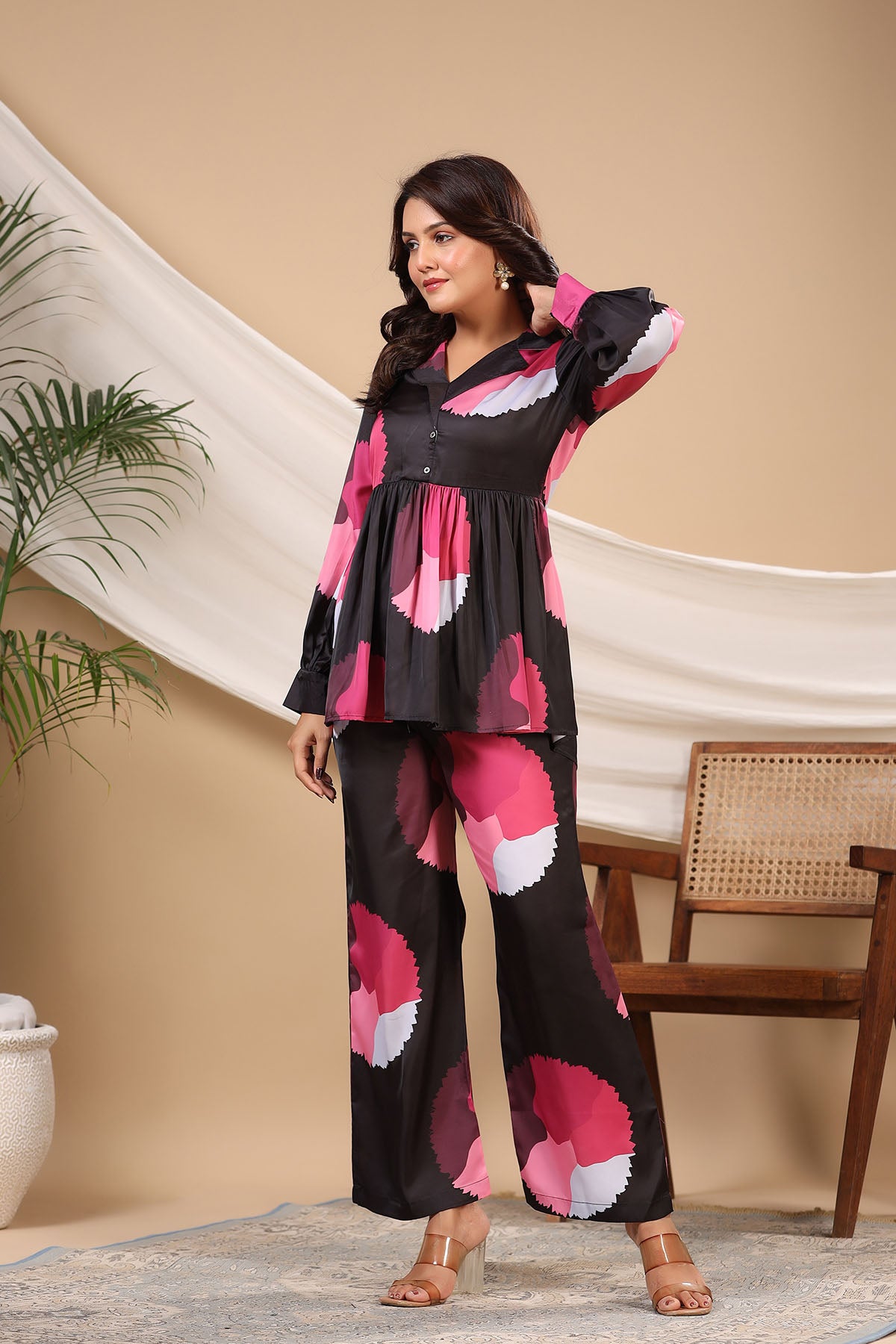 Black Multicolor Floral Satin Printed Co-ord Set