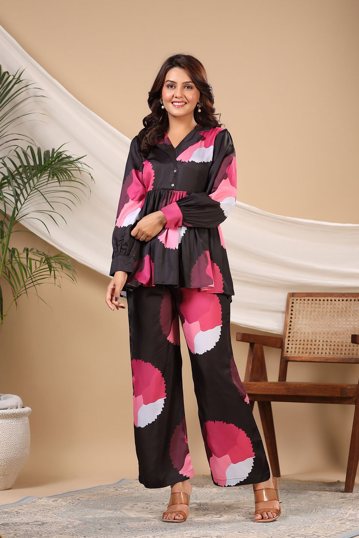 Black Multicolor Floral Satin Printed Co-ord Set