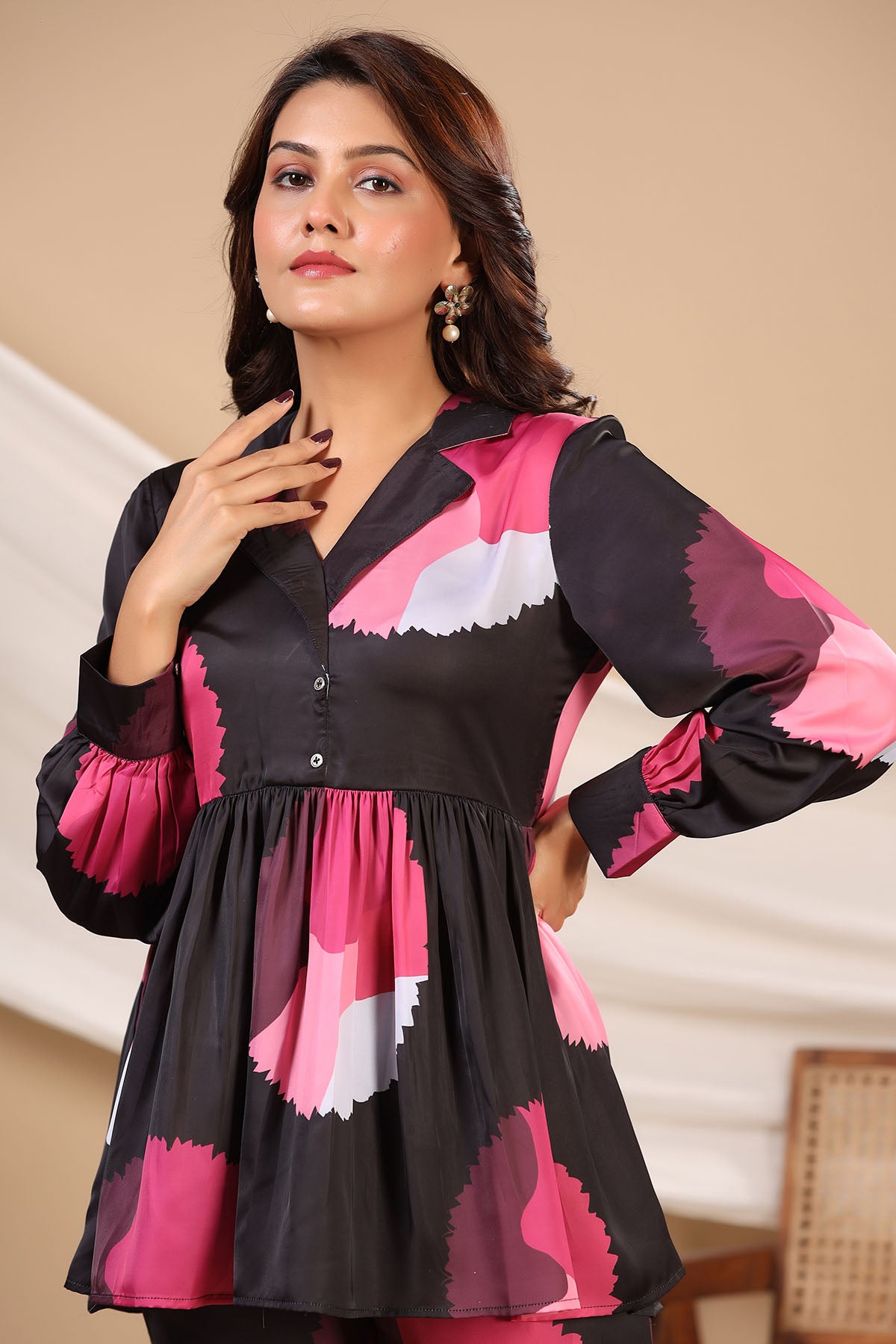Black Multicolor Floral Satin Printed Co-ord Set